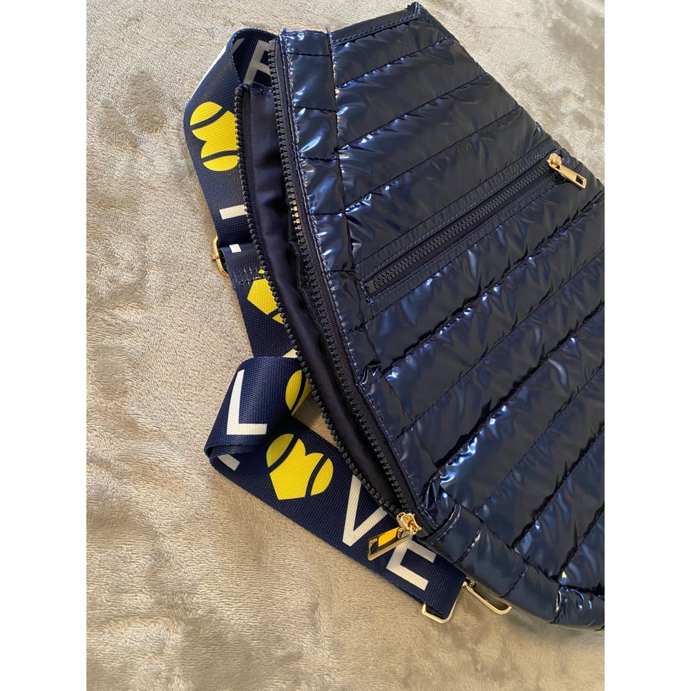 Ah-Dorned Tennis Racket Bag Navy Blue Quilted Puffer Sling LOVE Strap Pockets - Picture 3 of 10